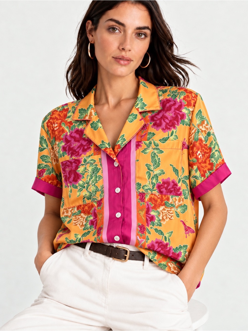 Anthropologie Floral Silky Camp Shirt Blouse Orange Pink Butterfly Print M